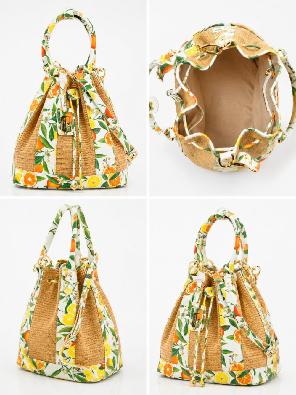 NWT VALENTINA Made In Italy Straw Lemon Orange Print Front Bucket Bag